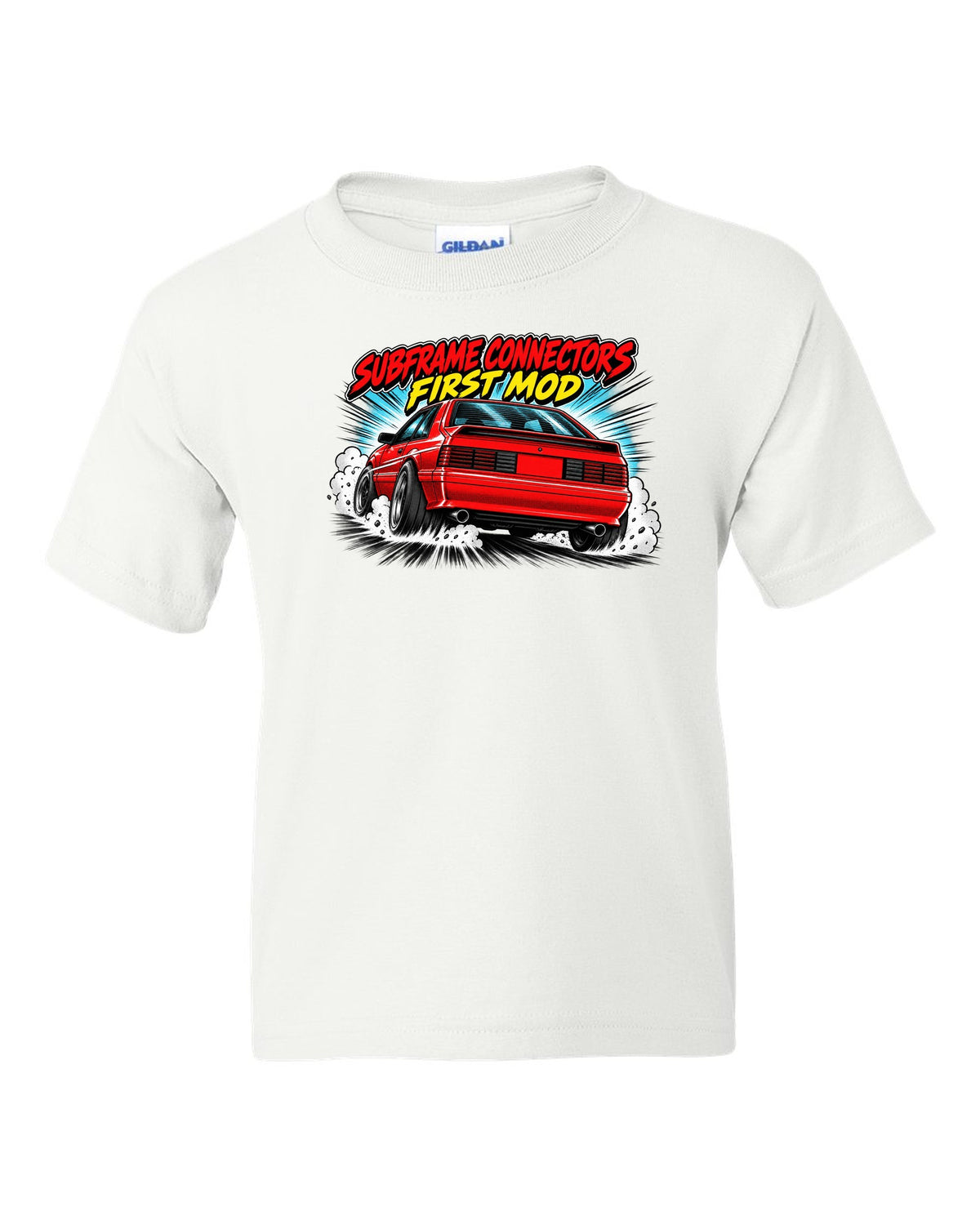 Retro manga halftone panel print of a 1991 Ford Mustang Fox Body GT chback white kids tee front view with the design