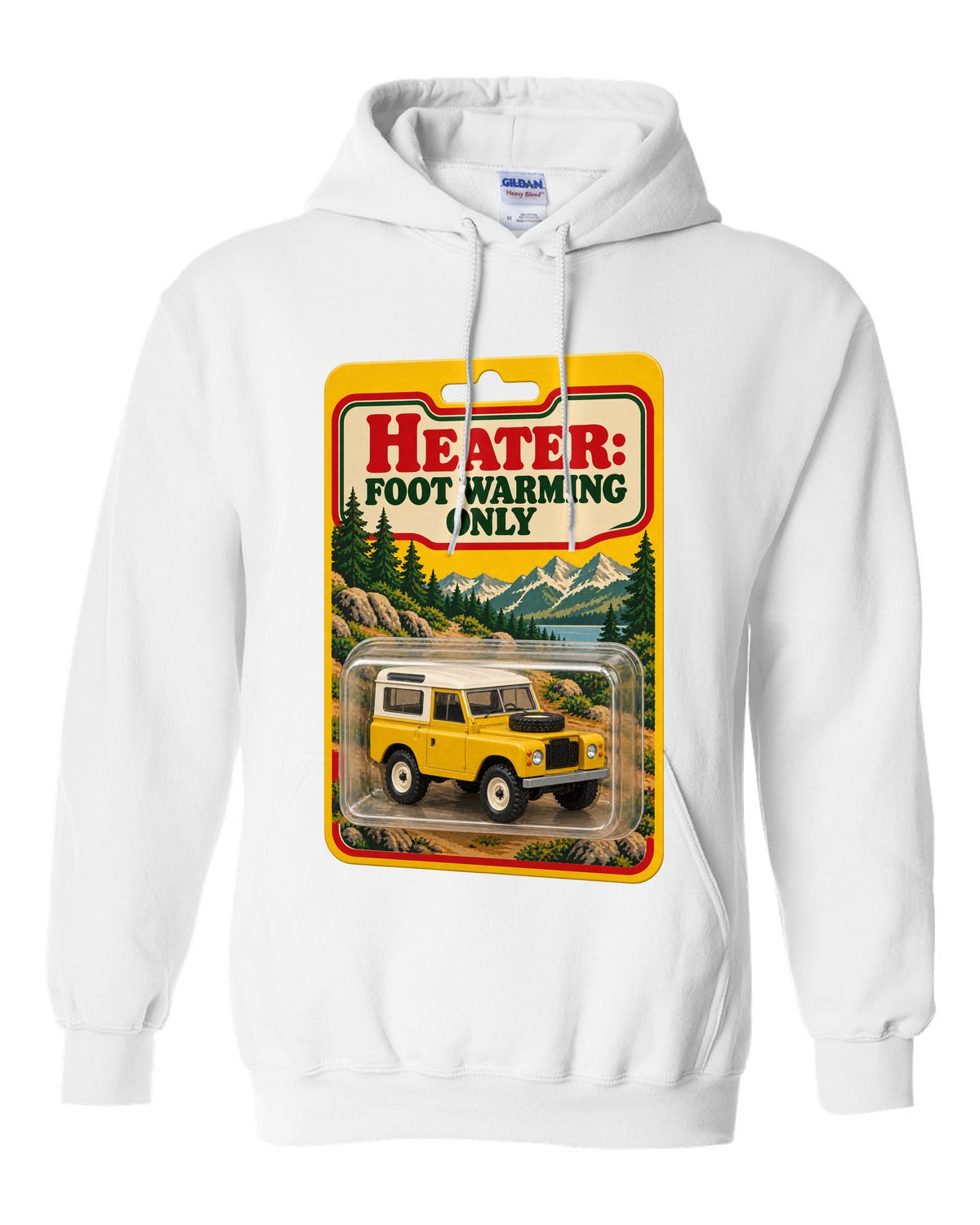 Toy blister card print with a Land Rover Defender 90 and the text Heater Foot Warming Only white pull over hoodie front view with the design