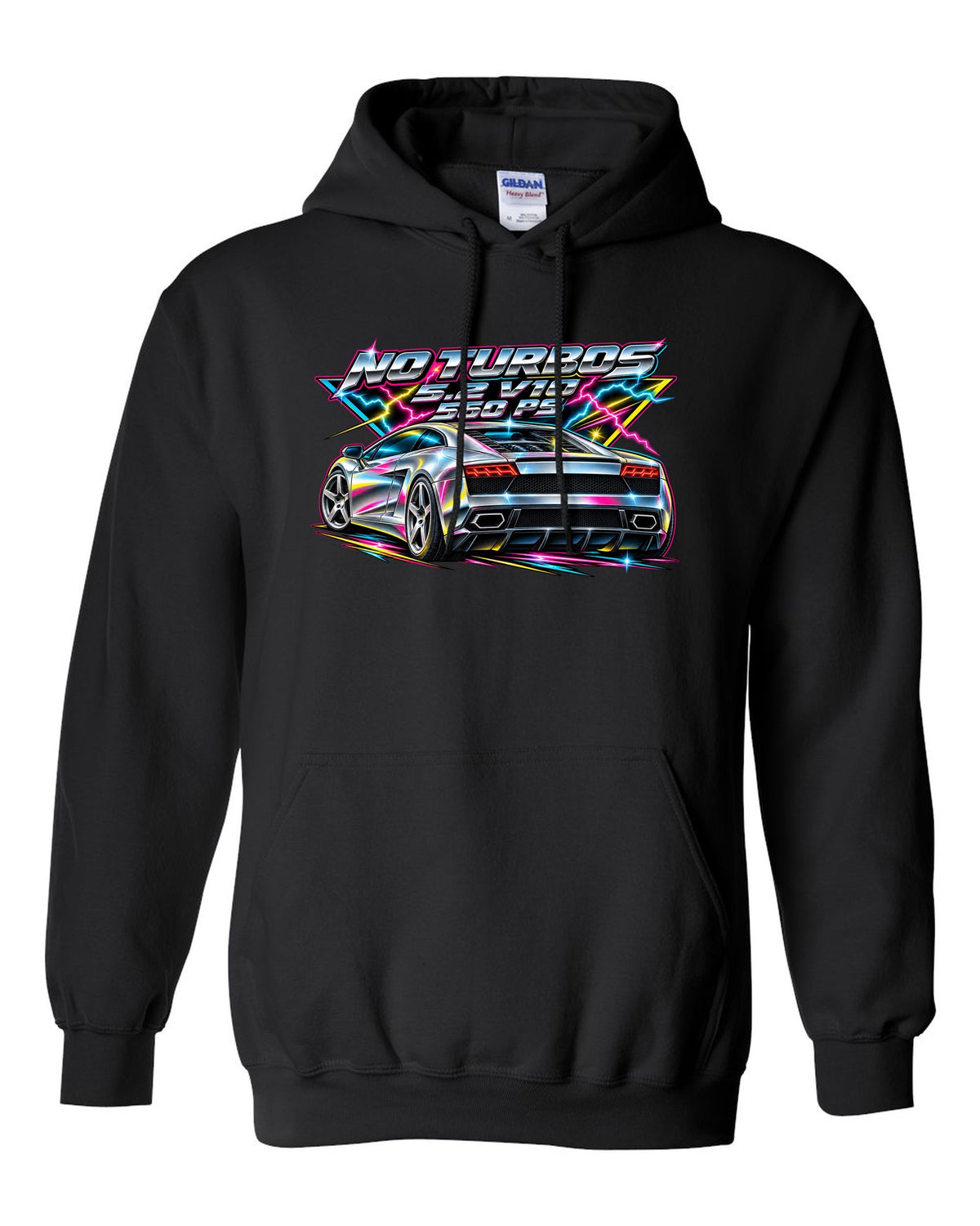 80s airbrush chrome Lamborghini Gallardo LP560-4 with the text NO TURBOS / 5.2 V10 / 560 PS black pull over hoodie front view with the design