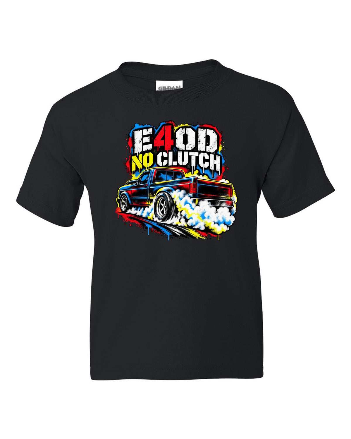 Ford F-150 SVT Lightning first gen burnout in a stencil spray print black kids tee front view with the design