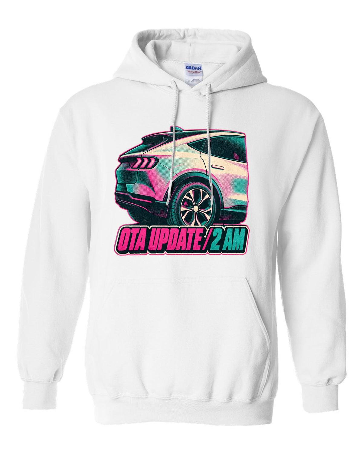 Risograph halftone wheel print of a 2020 Mustang Mach-E CX727 reading OTA Update 2 AM white pull over hoodie front view with the design