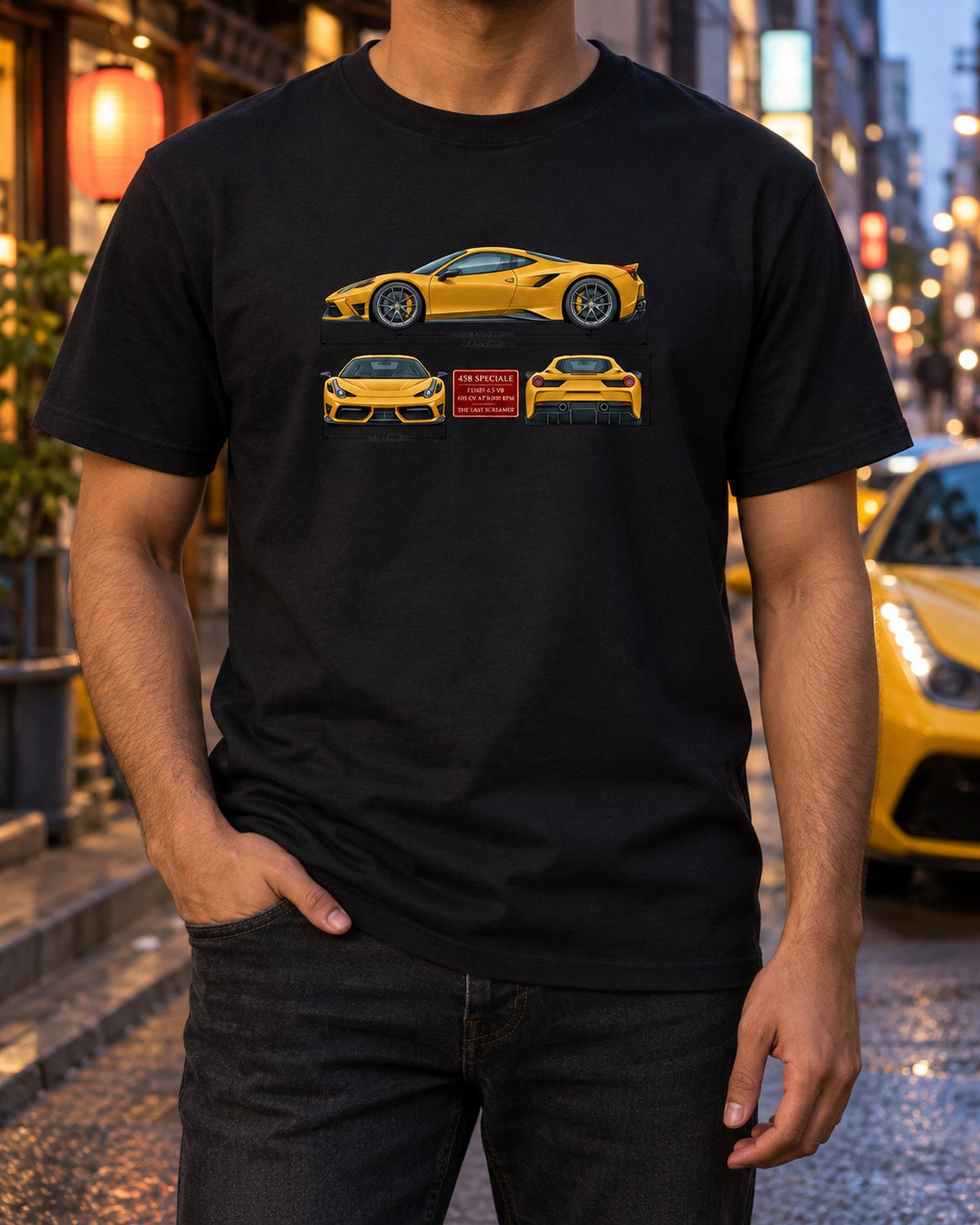 Ferrari 458 Speciale Three-View Shirt, F136FL V8 Spec Table T-Shirt Black worn hero