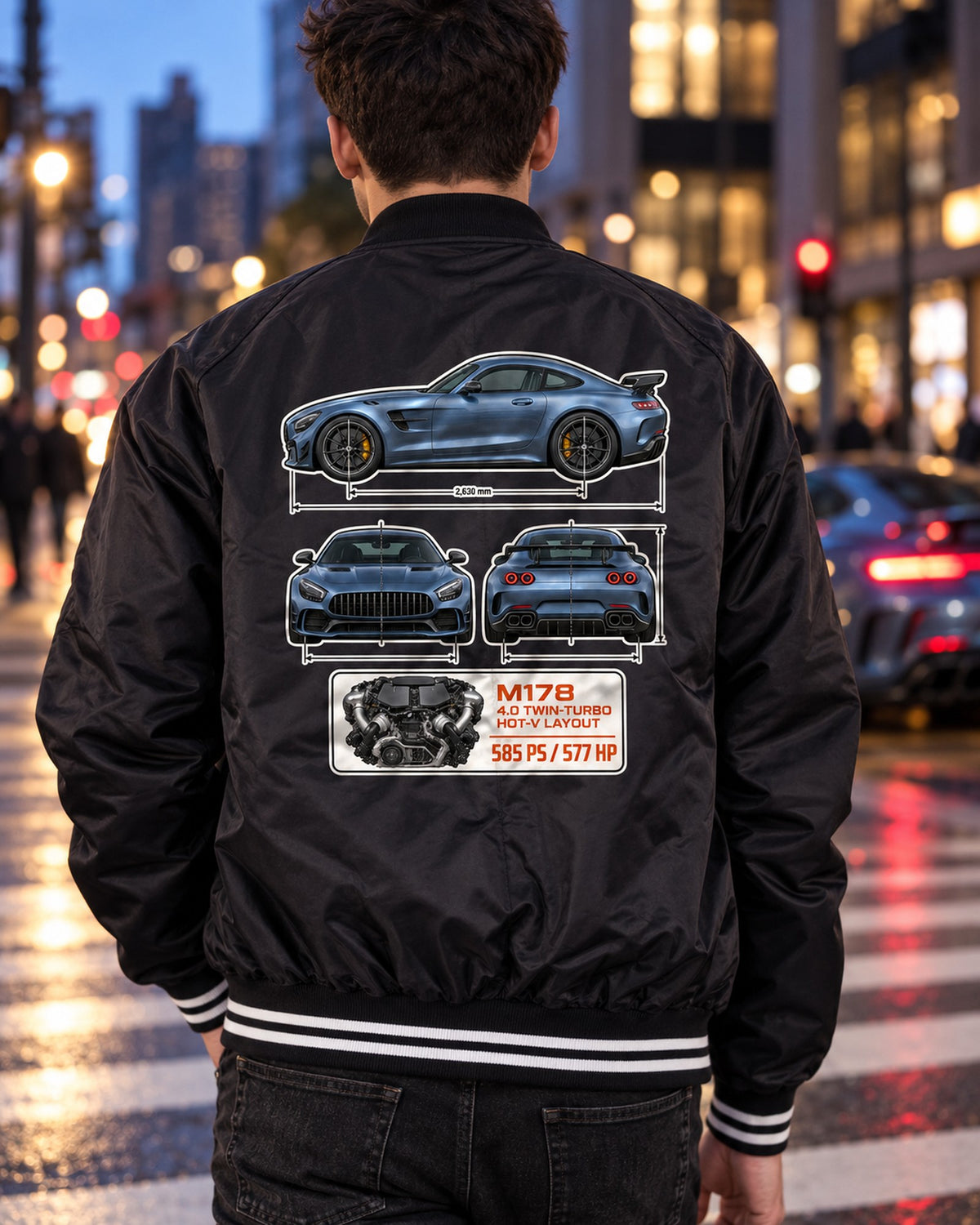 Mercedes-AMG GT R C190 Dimension Blueprint Shirt, M178 V8 Bomber Jacket Black worn hero