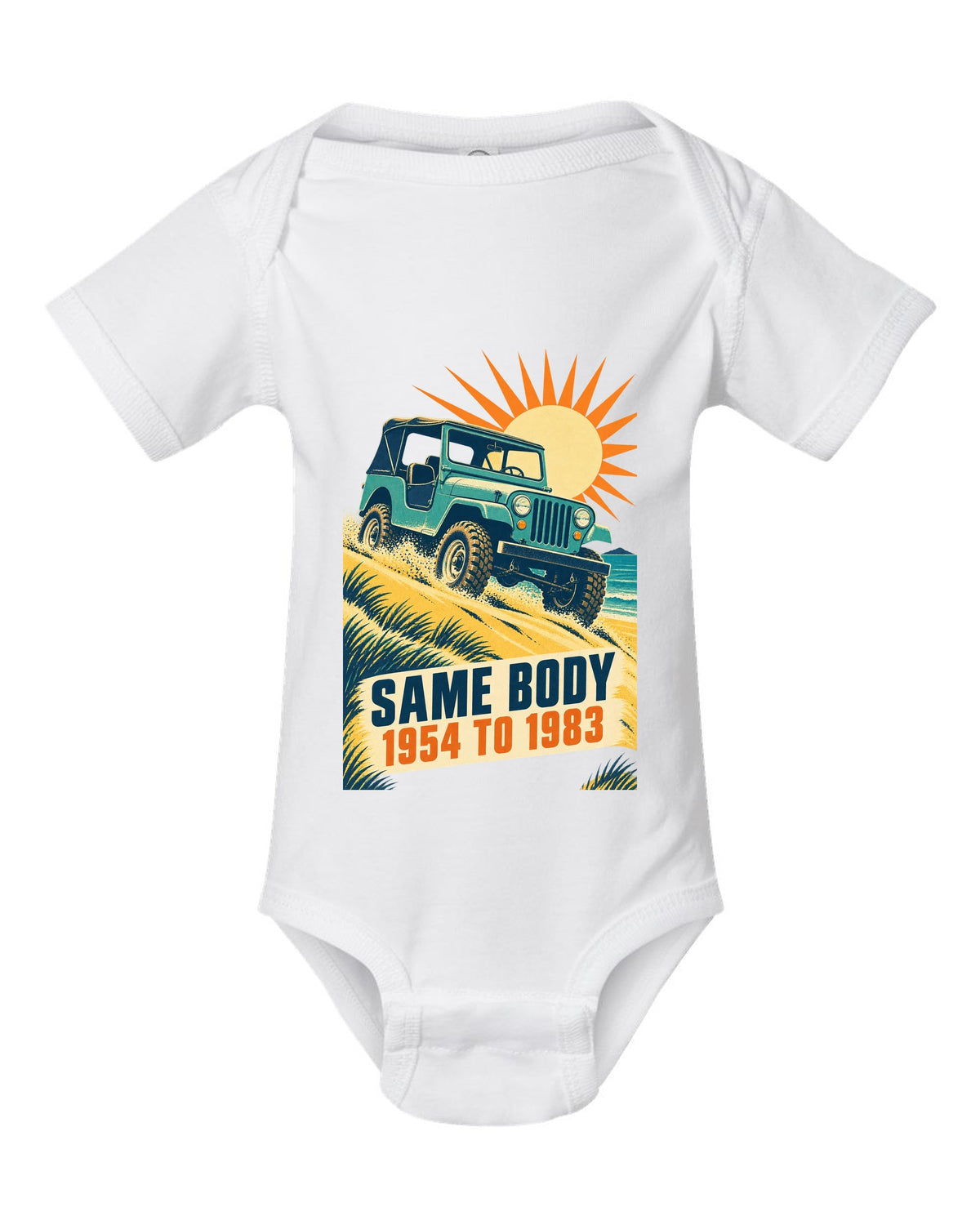 Vintage race poster print of a Jeep CJ-5 climbing a dune white baby onesie front view with the design
