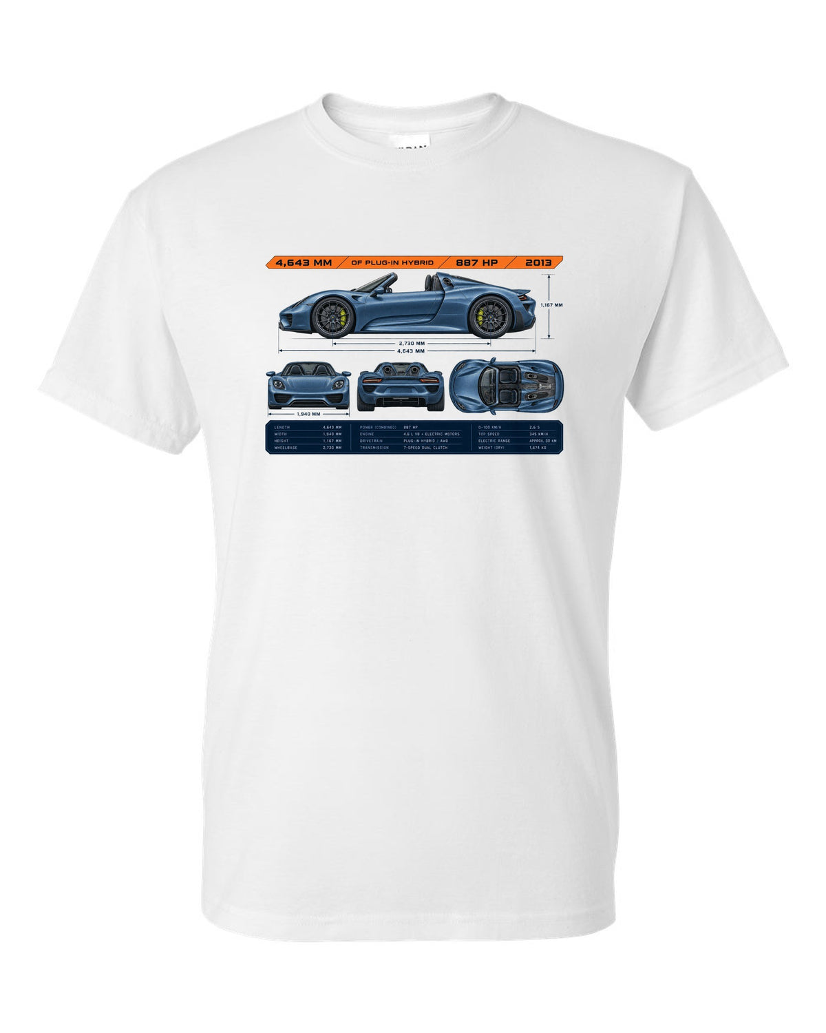 Porsche 918 Spyder dimension blueprint print design white t-shirt front view with the design