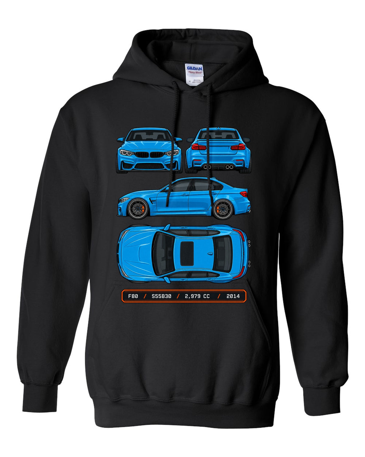 Spec plate style print of a BMW F80 M3 sedan with F80 S55B30 2,979 cc 2014 text black pull over hoodie front view with the design