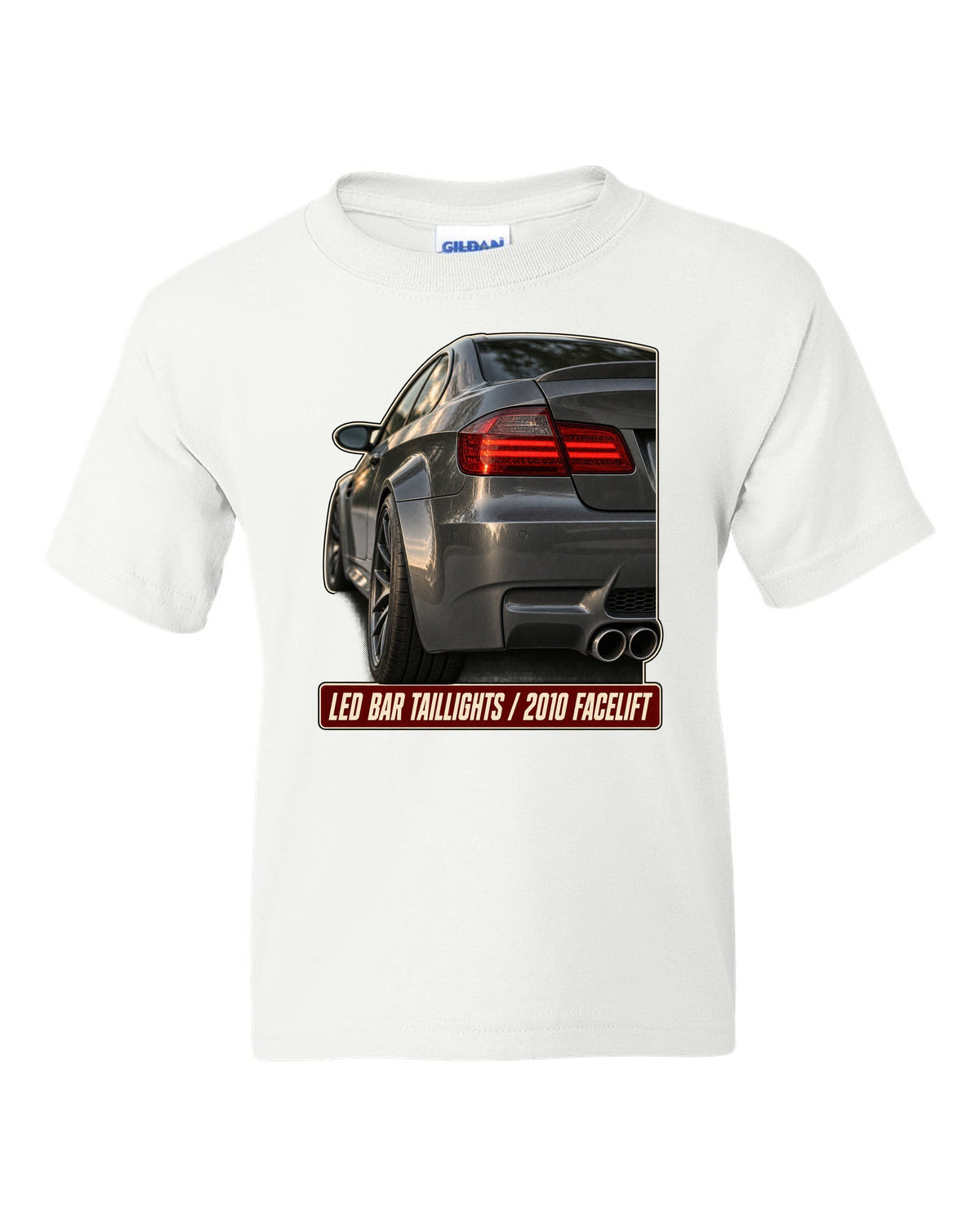 BMW M3 E92 LCI LED bar taillight close-up print white kids tee front view with the design