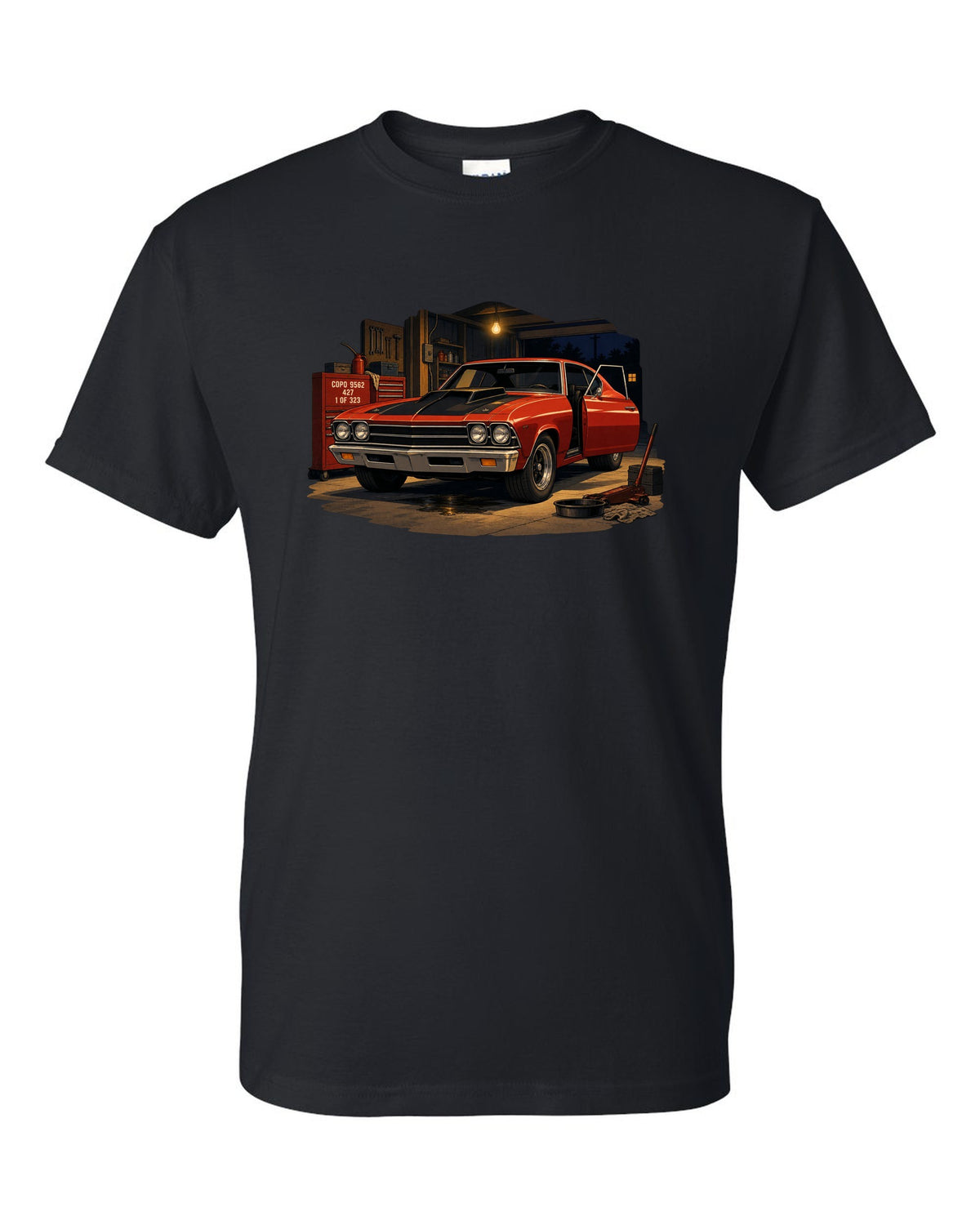 Cel-shaded anime print of a 1969 Chevelle COPO in a night garage with the text COPO 9562, 427, 1 of 323 black t-shirt front view with the design