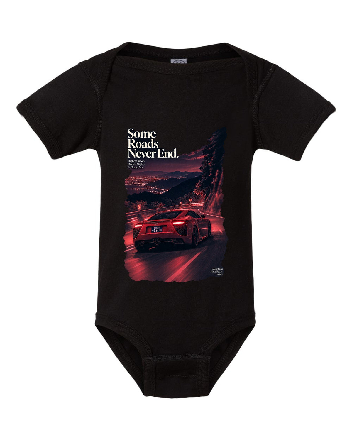 Night touge scene with the Lexus LFA in magenta-red monochrome black baby onesie front view with the design