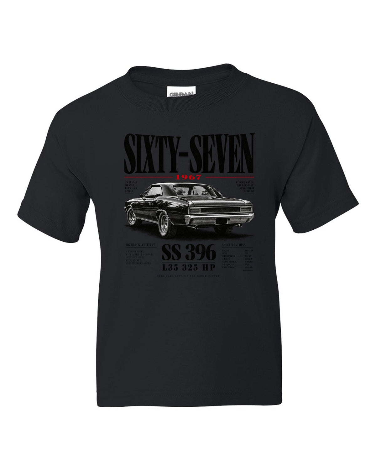 1967 Chevelle SS 396 rear three-quarter editorial headline print black kids tee front view with the design