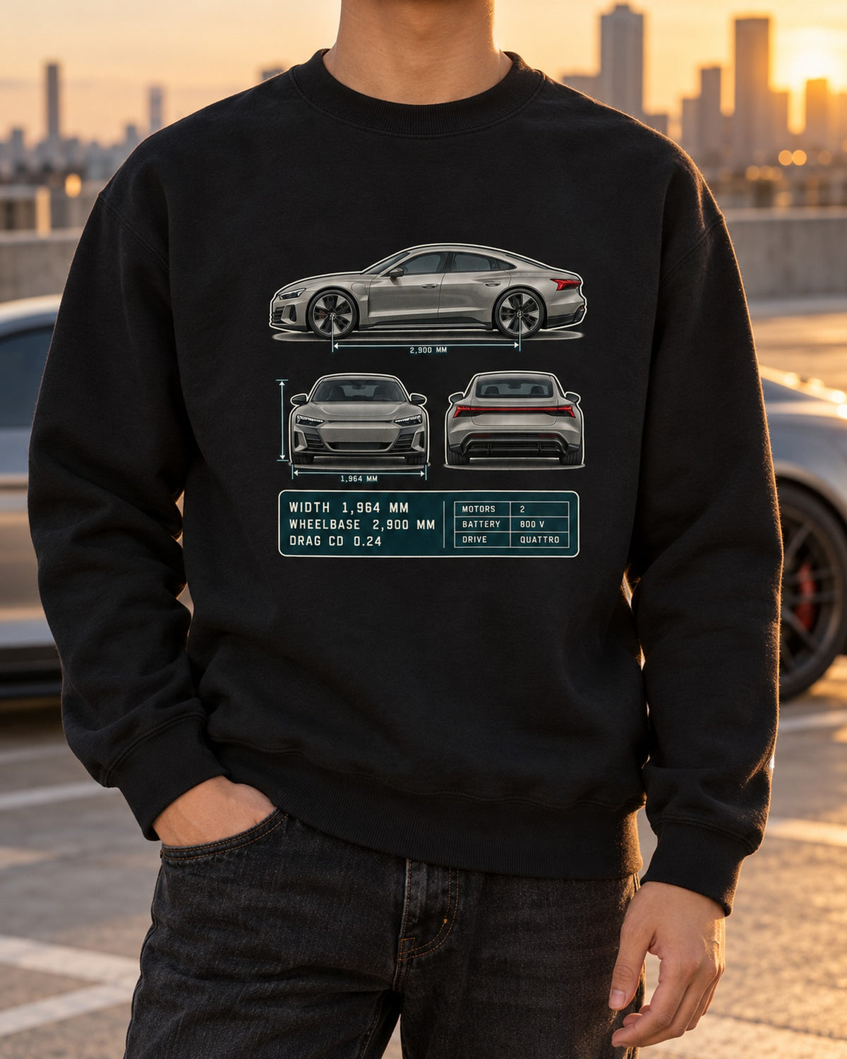 Audi RS e-tron GT Three-View Spec Table Tee, Cd 0.24 Car Shirt Crewneck Black worn hero