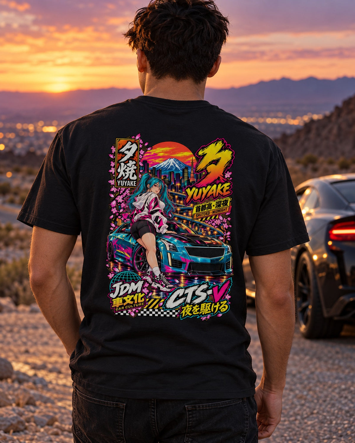 YUYAKE CTS-V Anime Girl Full-Back Graphic Tee T-Shirt Black worn hero