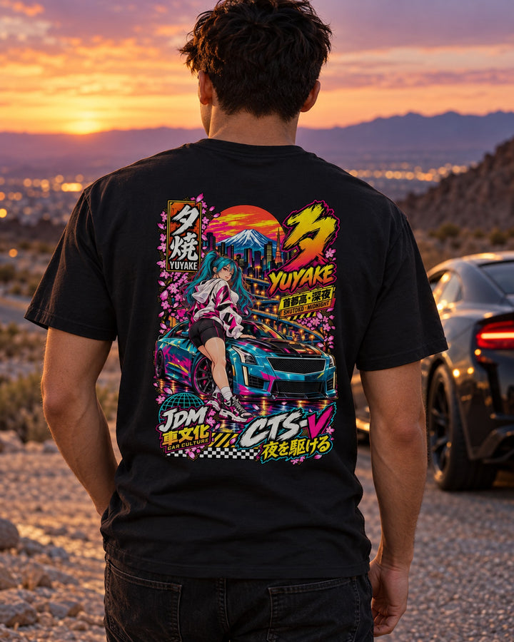YUYAKE CTS-V Anime Girl Full-Back Graphic Tee T-Shirt Black worn hero