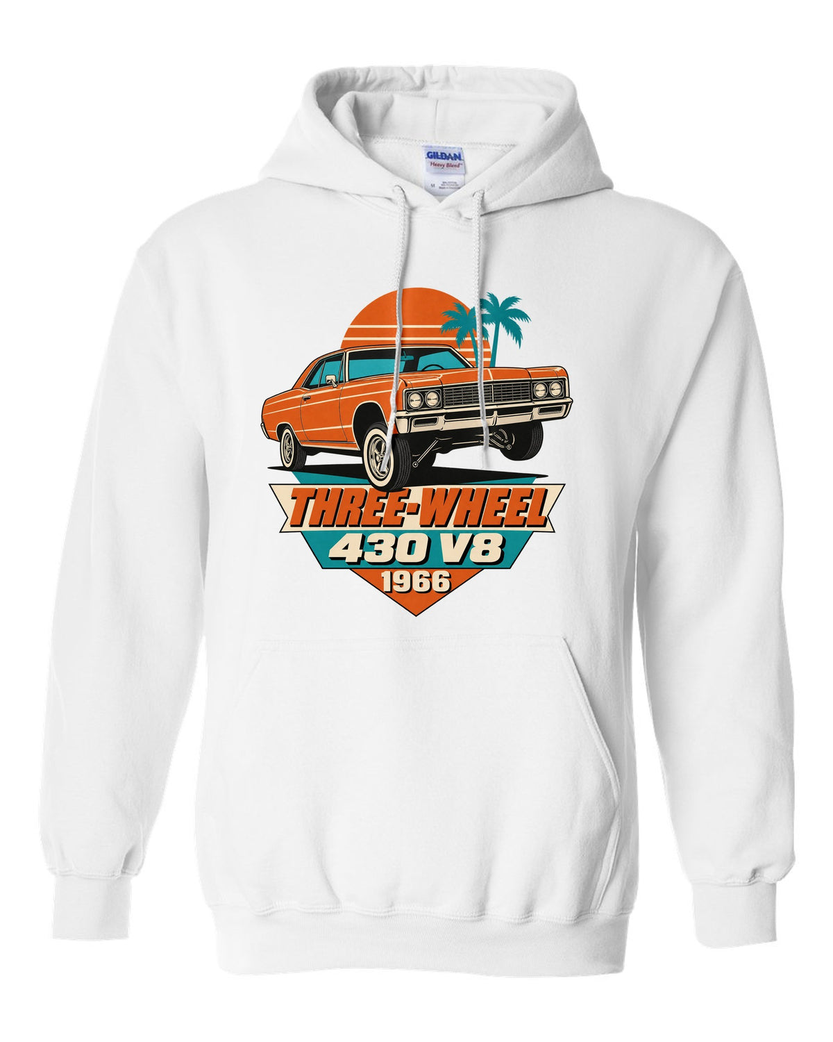 1966 Lincoln Continental lowrider on hydraulics in a 1960s litho poster style white pull over hoodie front view with the design