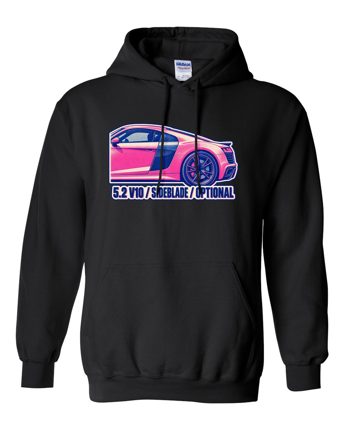 Risograph two-ink print of an Audi R8 4S with 5.2 V10 and Sideblade text black pull over hoodie front view with the design