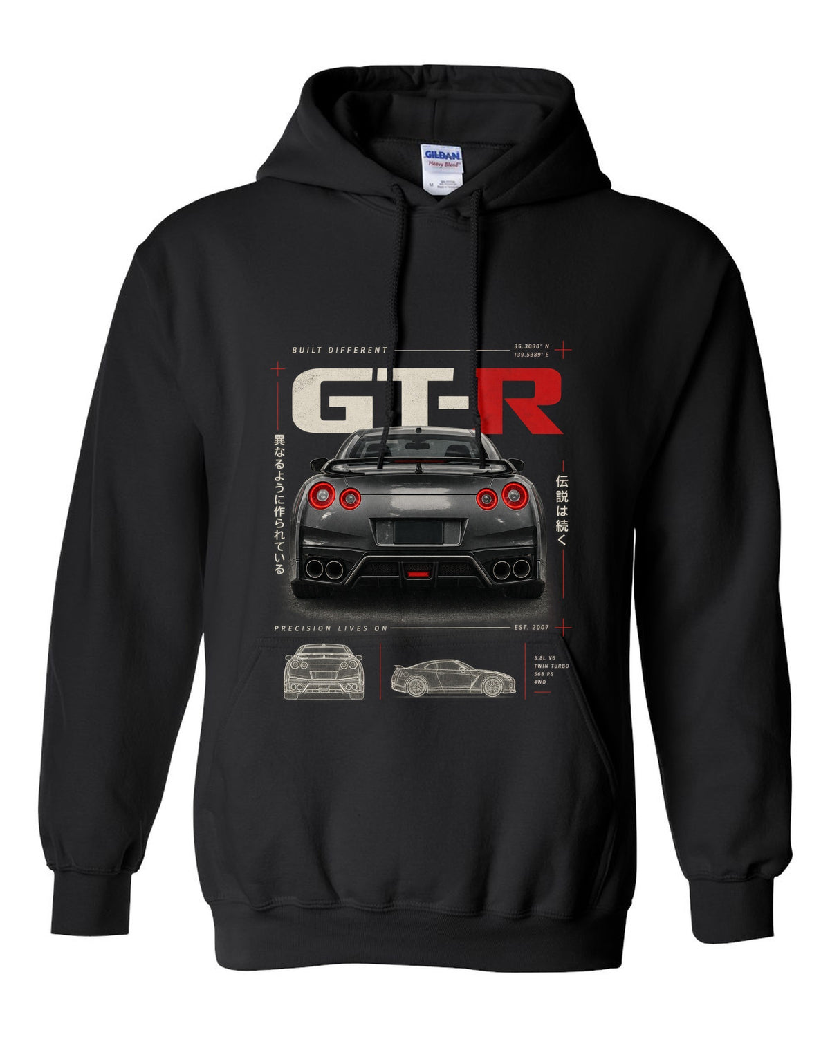 Toyota GR Supra A90 dimension blueprint in warm graphite grey with B58 spec callouts black pull over hoodie front view with the design