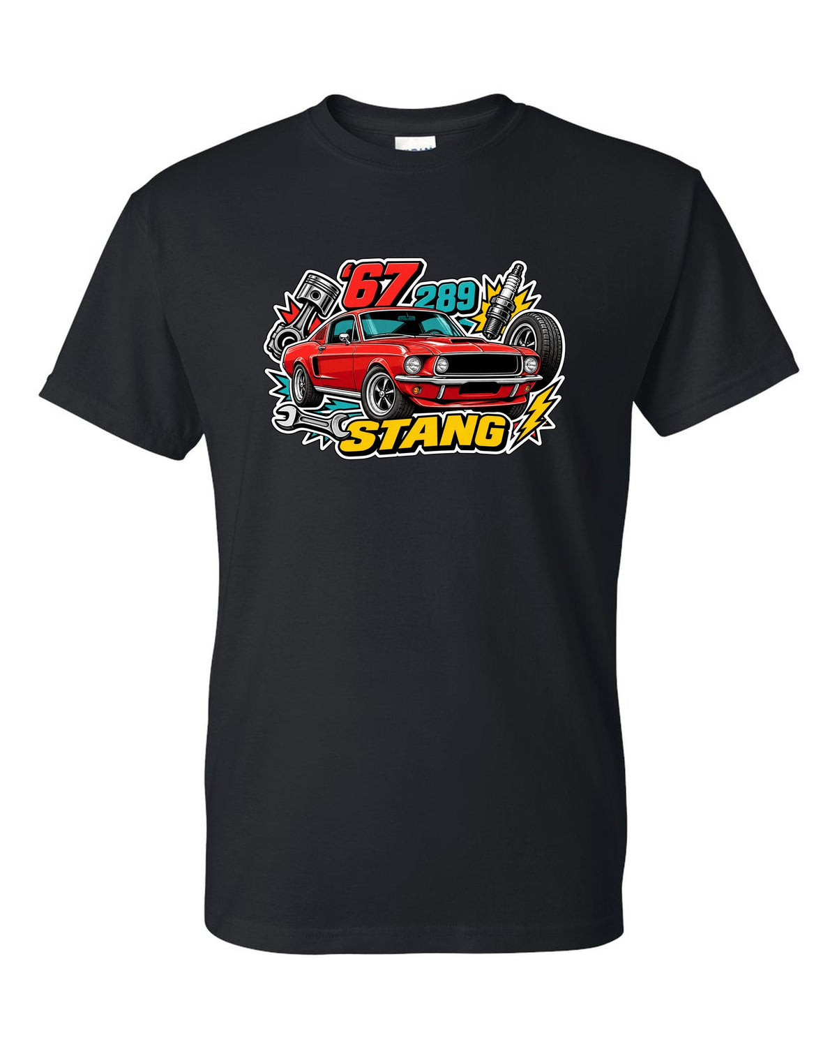 Sticker-bomb collage print of a 1967 Ford Mustang fastback black t-shirt front view with the design