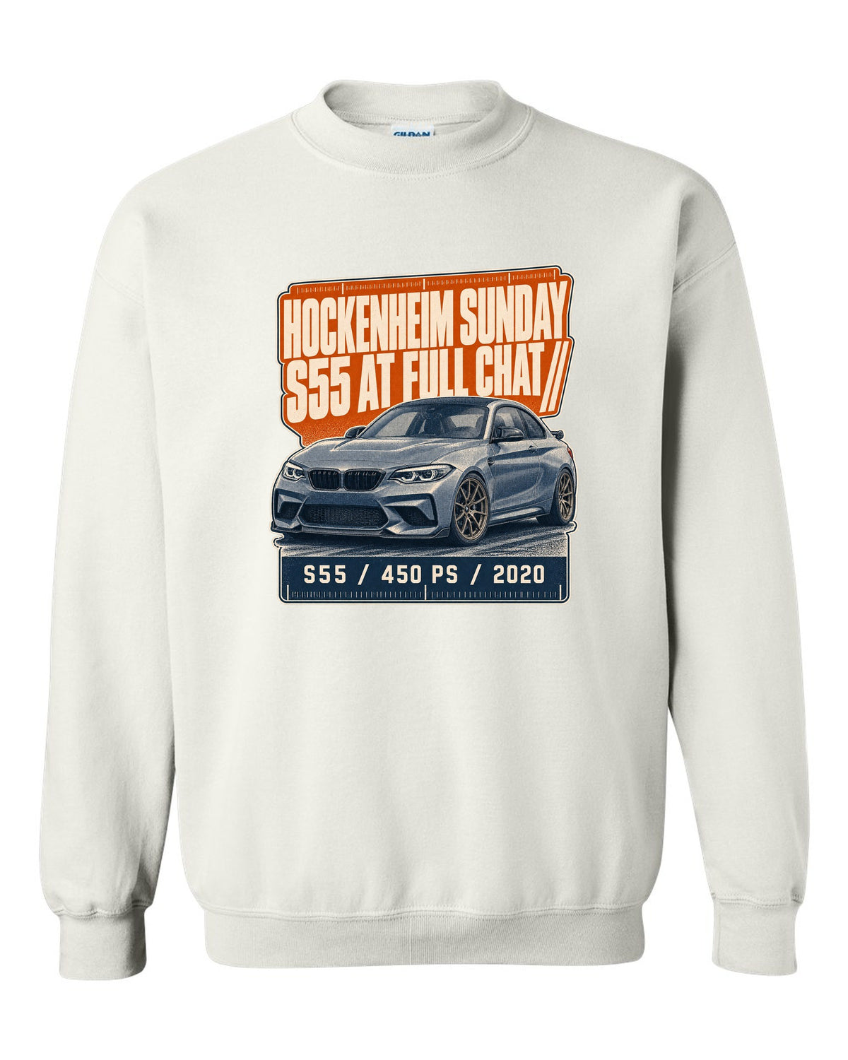 BMW M2 CS F87 halftone statement print with Hockenheim Sunday and S55 text white crewneck front view with the design