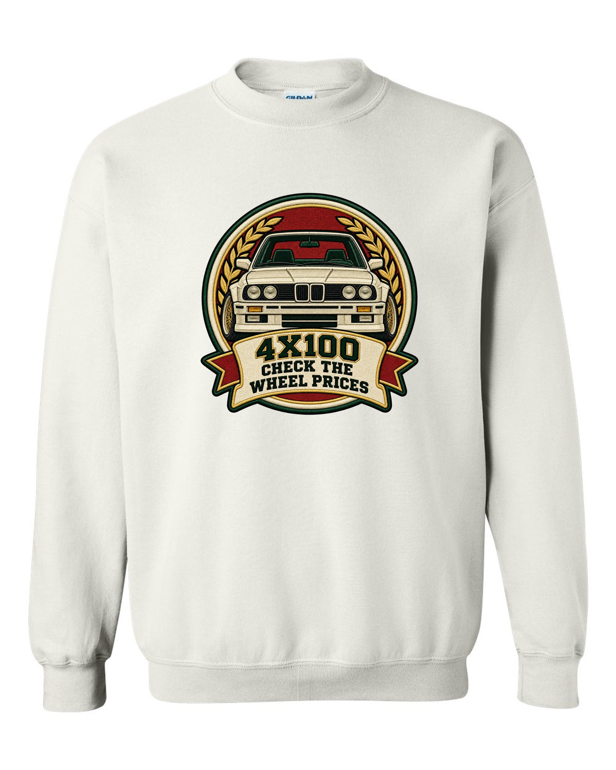 Varsity crest style print of a BMW E30 M3 with 4X100 wheel price joke text white crewneck front view with the design