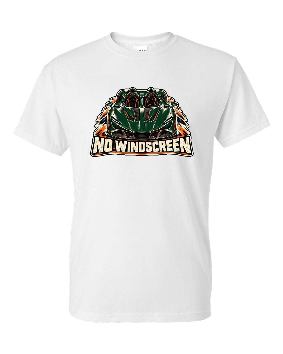 McLaren Elva linocut print with accent colour and NO WINDSCREEN lettering white t-shirt front view with the design