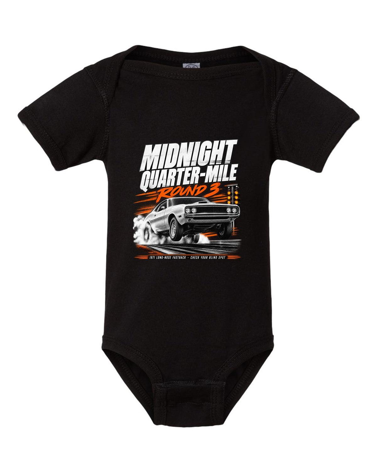 Race poster illustration of a 1971 Ford Mustang long-nose fastback titled midnight quarter-mile black baby onesie front view with the design
