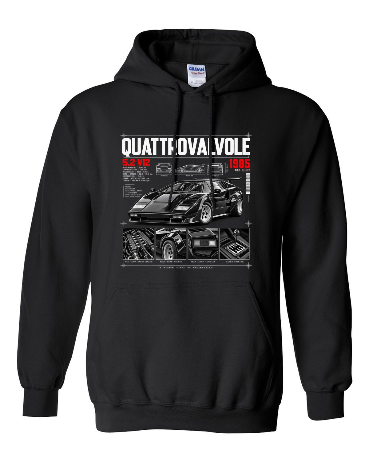 Dossier panel print of a Lamborghini Countach LP5000 QV with 5.2 V12 and 610 built text black pull over hoodie front view with the design