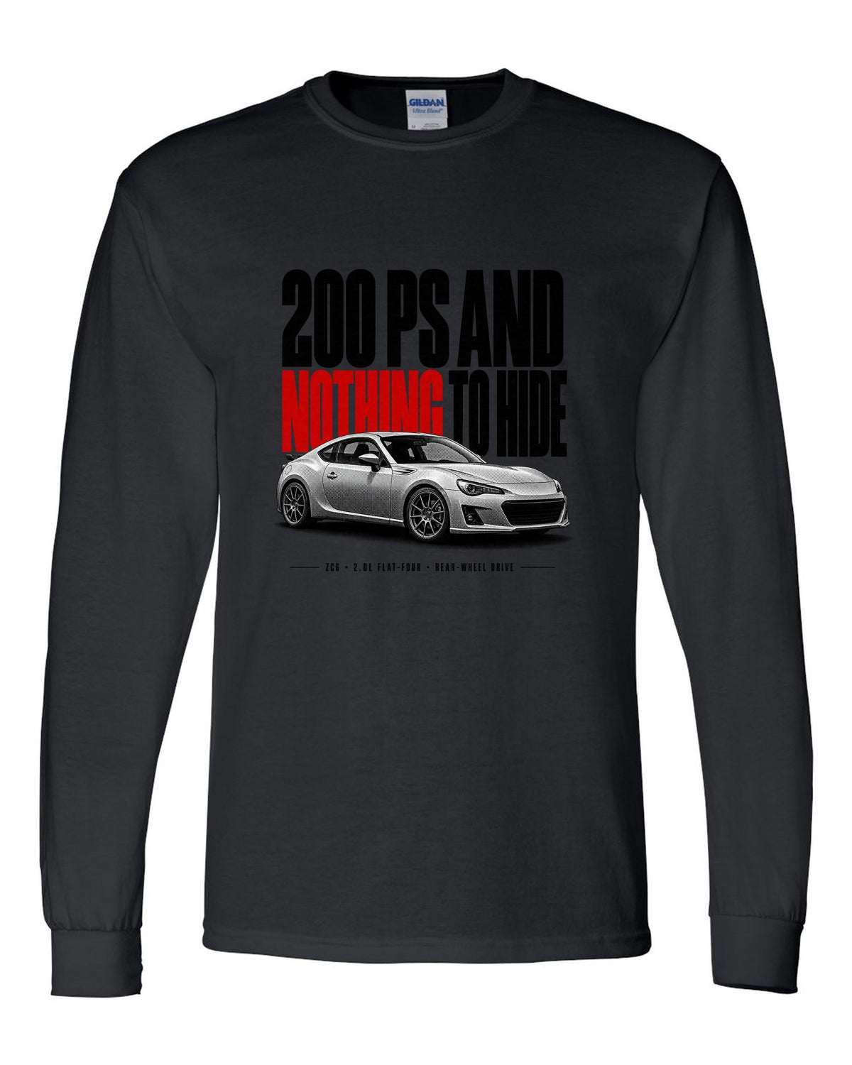 Halftone print for the Subaru BRZ ZC6 tS reading 200 PS and nothing to hide, 2.0L flat-four, rear-wheel drive black long sleeve front view with the design