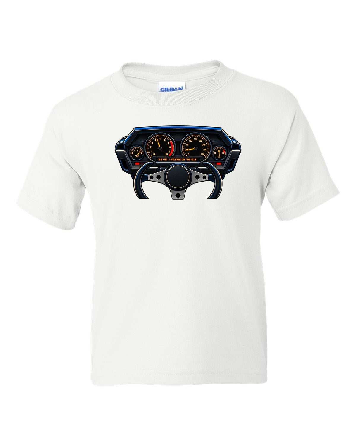 Gauge cluster graphic for a Lamborghini Countach LP5000 QV with 5.2 V12 lettering white kids tee front view with the design