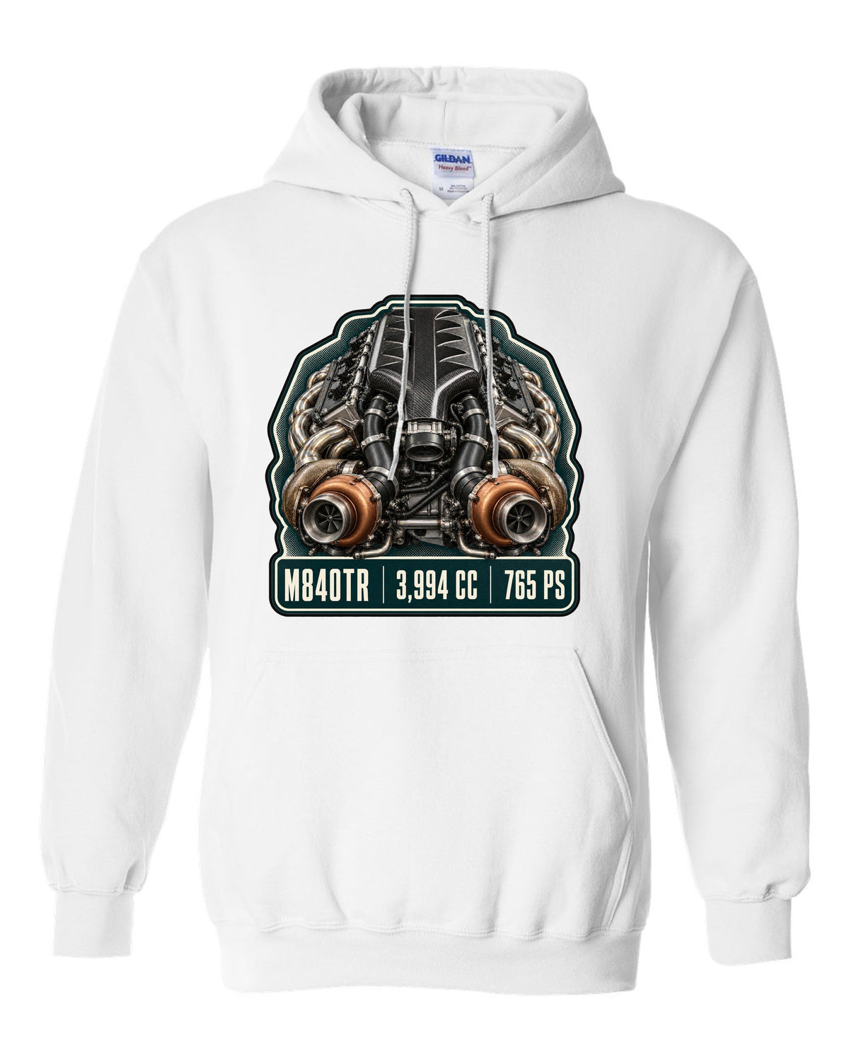 Engine hero print of the McLaren 765LT M840TR V8 white pull over hoodie front view with the design
