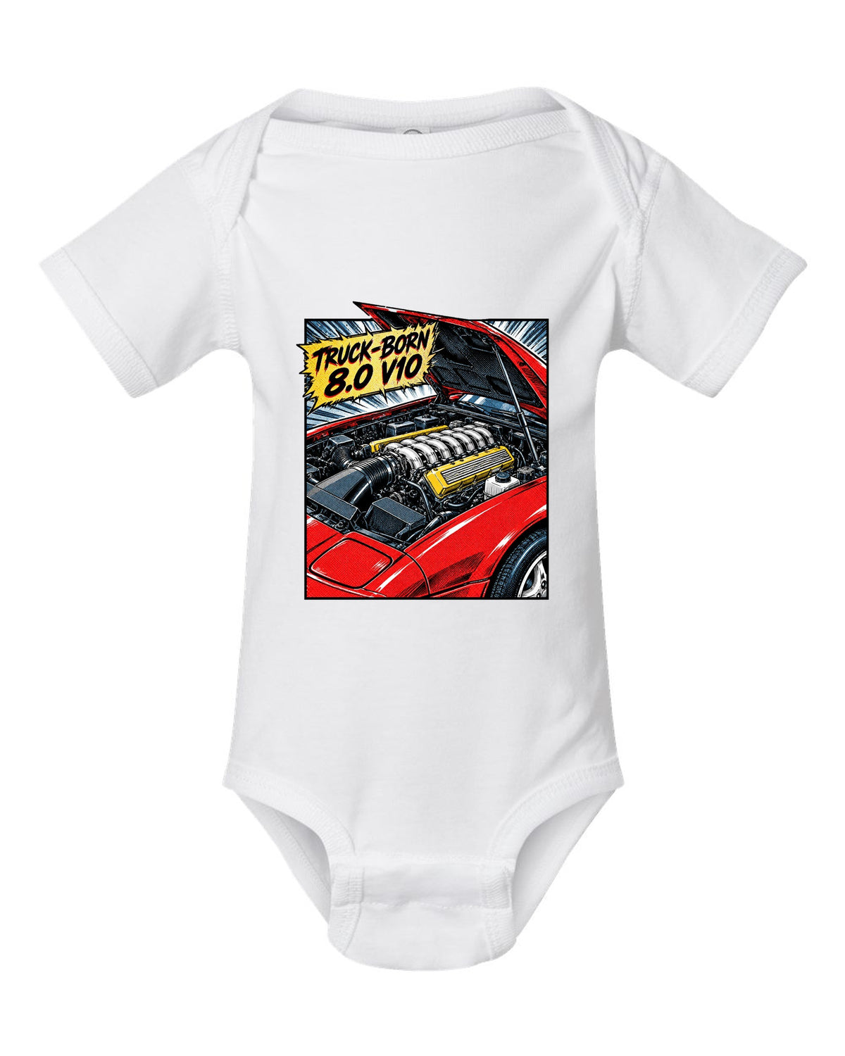 Retro manga halftone panel of a 1993 Dodge Viper RT/10 SR I with 8.0 V10 caption white baby onesie front view with the design