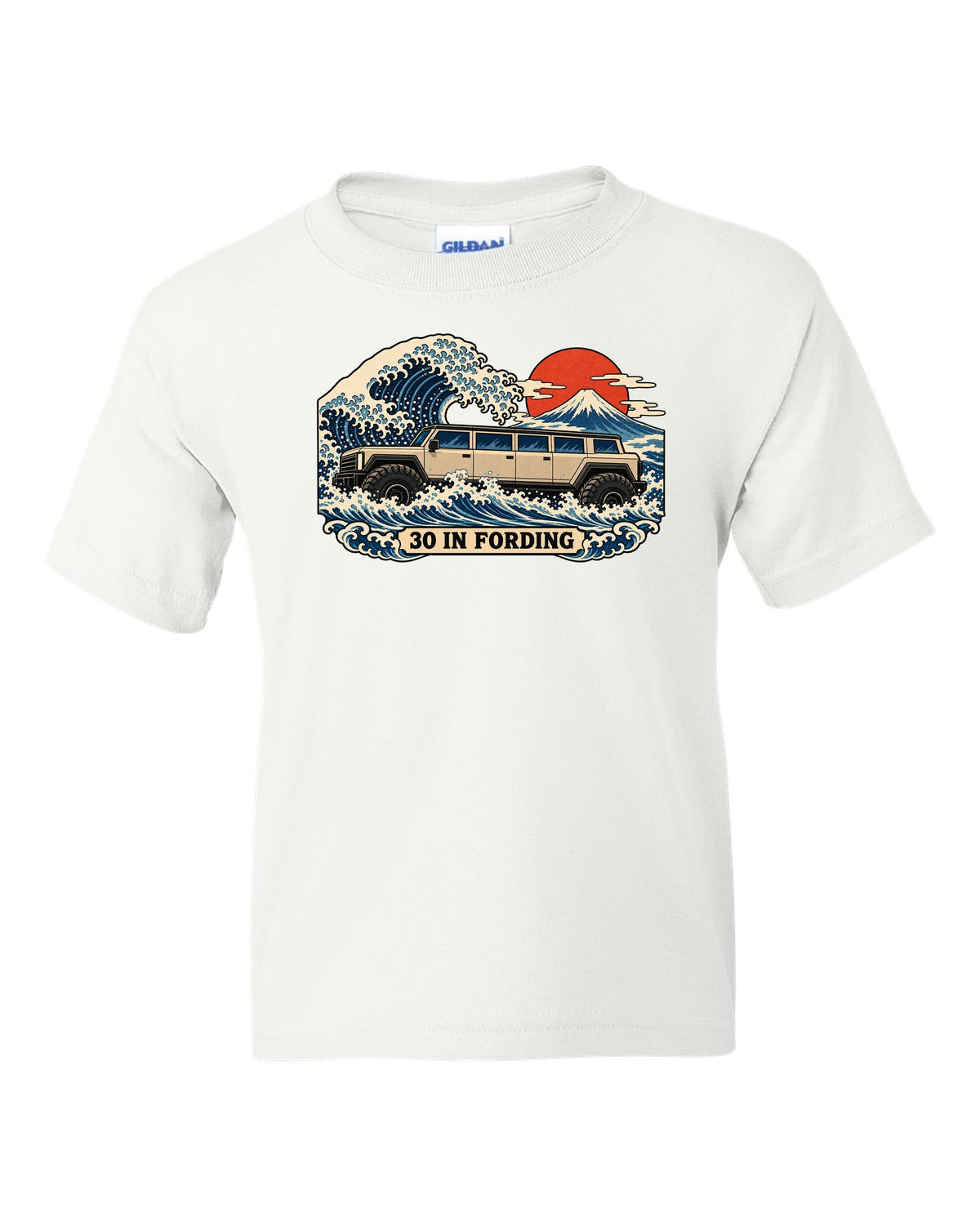 Ukiyo-e woodblock wave print with a 1992-2006 Hummer H1 and 30 IN FORDING text white kids tee front view with the design