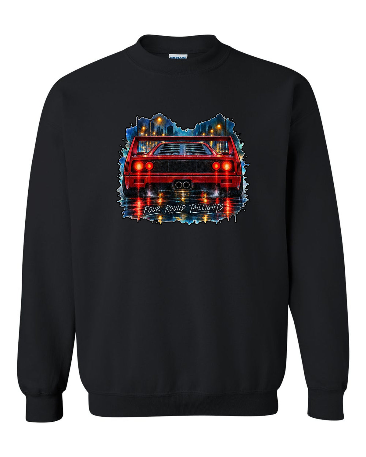 Watercolour wet-road night print of the rear of a 1987 Ferrari F40 F120 with four round taillights text black crewneck front view with the design