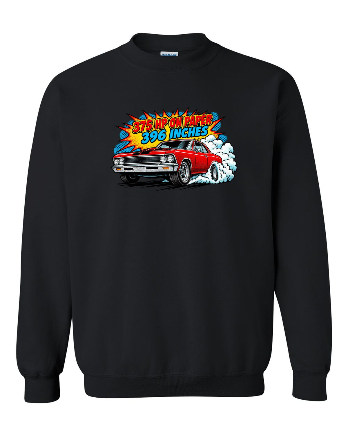 Comic halftone print of a 1966 Chevelle Malibu SS burnout with the text 375 HP on paper, 396 inches black crewneck front view with the design