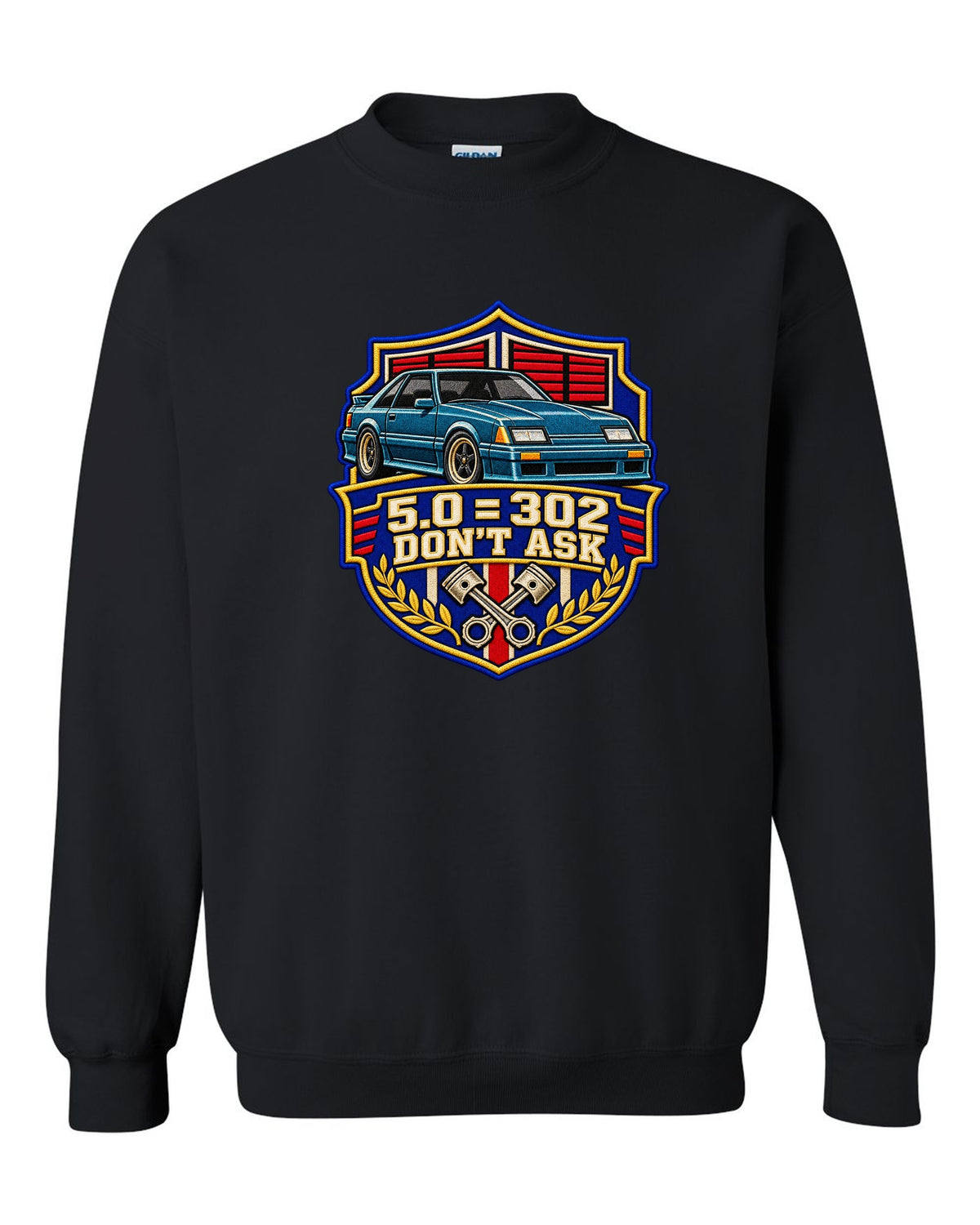 Embroidery-style varsity drag crest print for a Ford Mustang Fox Body chback black crewneck front view with the design