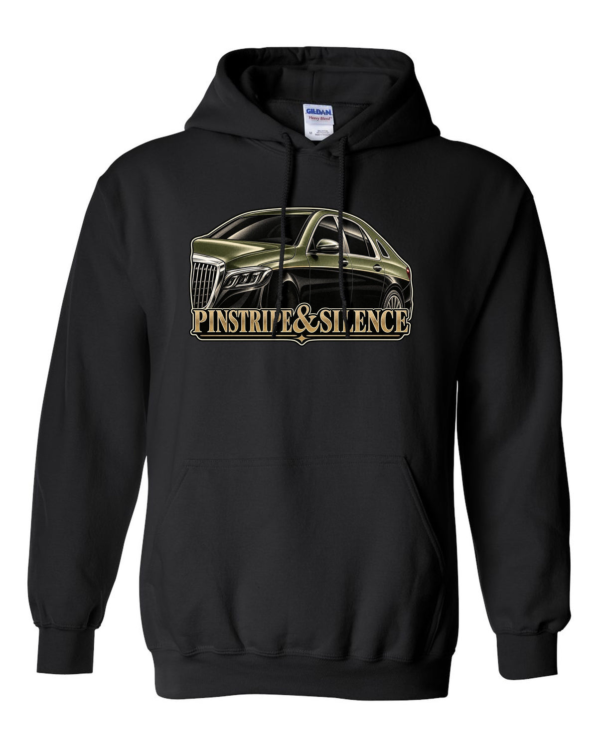 Duotone screenprint of a two-tone Mercedes-Maybach S-Class W222 with Pinstripe and Silence text black pull over hoodie front view with the design