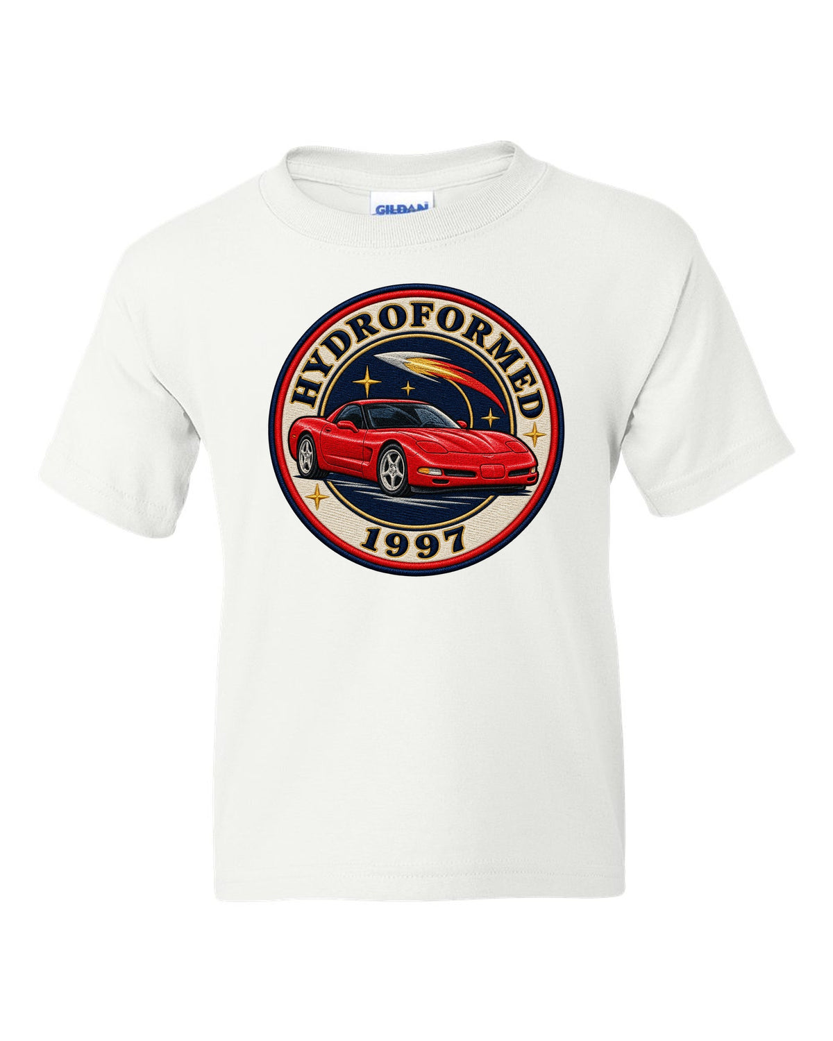 Embroidery style varsity crest print of a 1997 Chevrolet Corvette C5 coupe with Hydroformed text white kids tee front view with the design