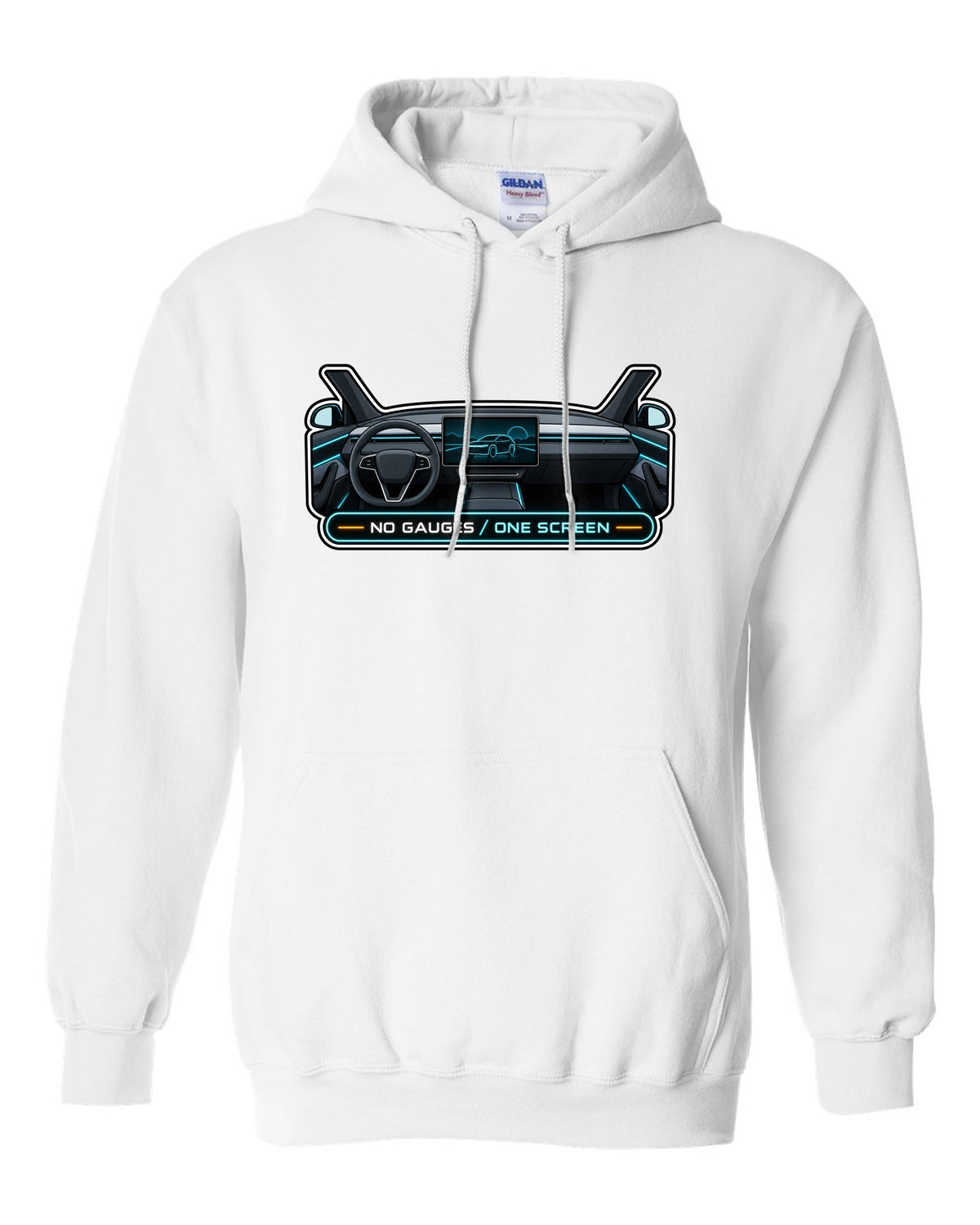 Gauge cluster HUD parody print of a Tesla Model Y Juniper reading No Gauges One Screen white pull over hoodie front view with the design