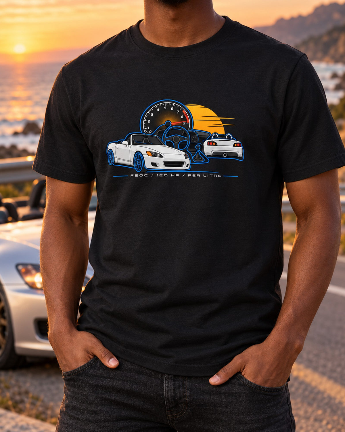 Honda S2000 AP1 F20C Minimal Contour Shirt, Nine Thousand T-Shirt Black worn hero