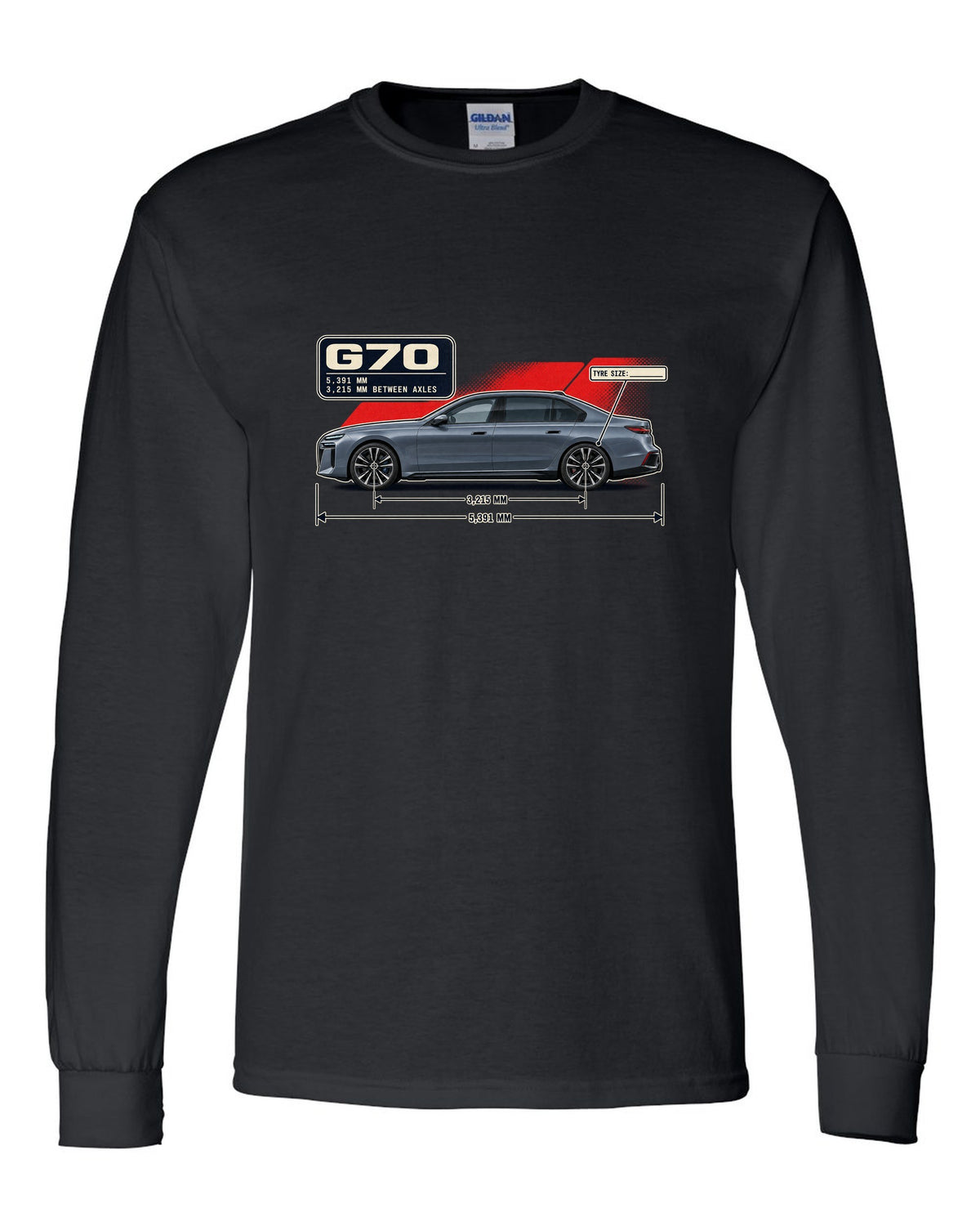 Dimension blueprint print of the BMW i7 M70 xDrive G70 black long sleeve front view with the design