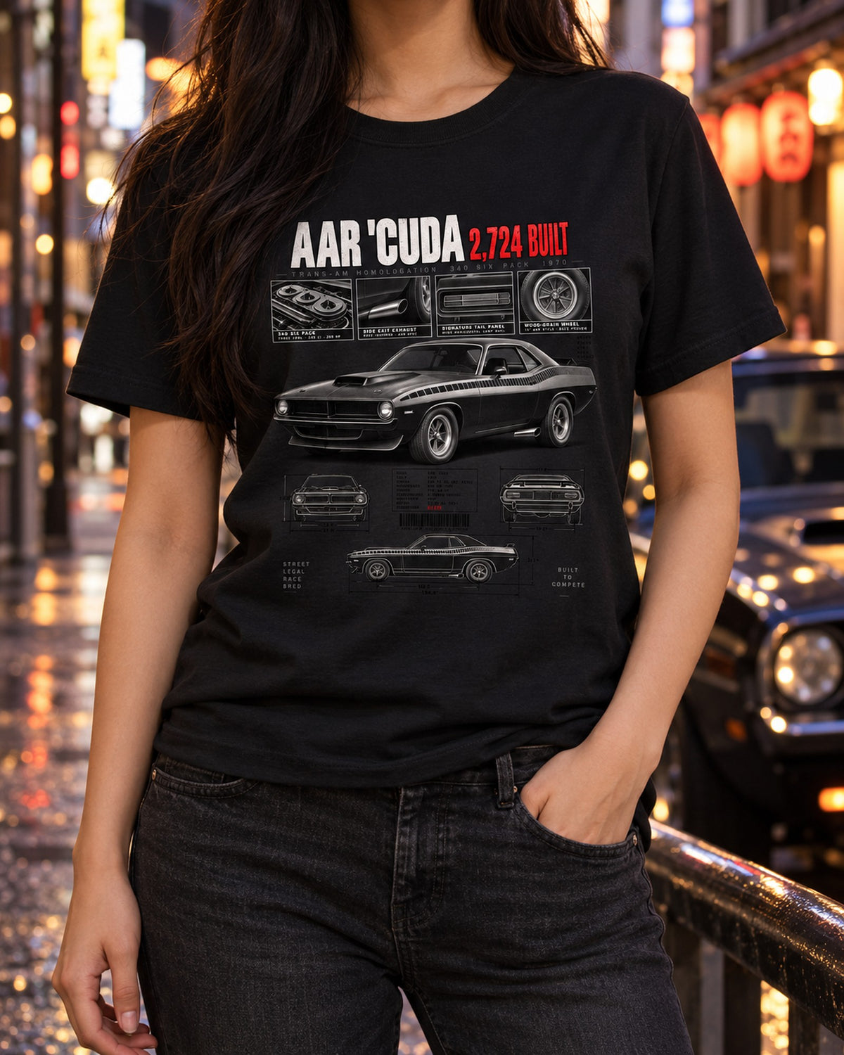 1970 Plymouth AAR Cuda E-body Dossier, 2,724 Built Tee T-Shirt Black worn hero