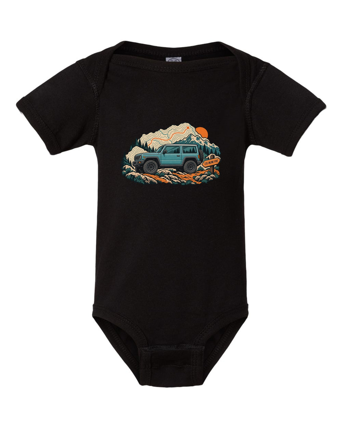 Topographic trail map print of a 2006-10 Hummer H3 with 3.5L inline five lettering black baby onesie front view with the design