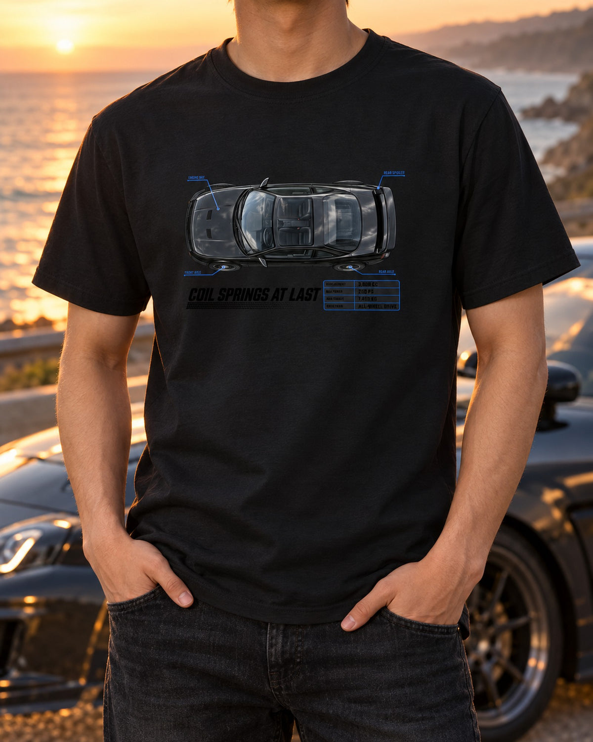 Porsche 911 Carrera 4 964 Coil Springs At Last Spec Poster Tee T-Shirt Black worn hero