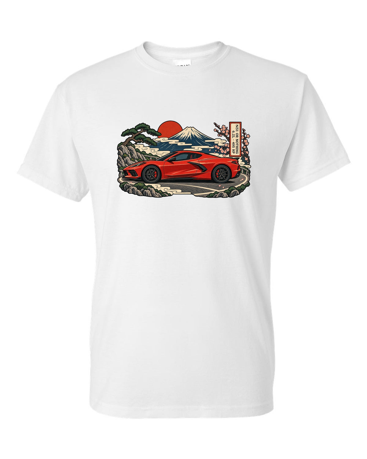 Synthwave sunset grid design with a 2020 C8 Corvette Stingray seen from the rear three-quarter white t-shirt front view with the design