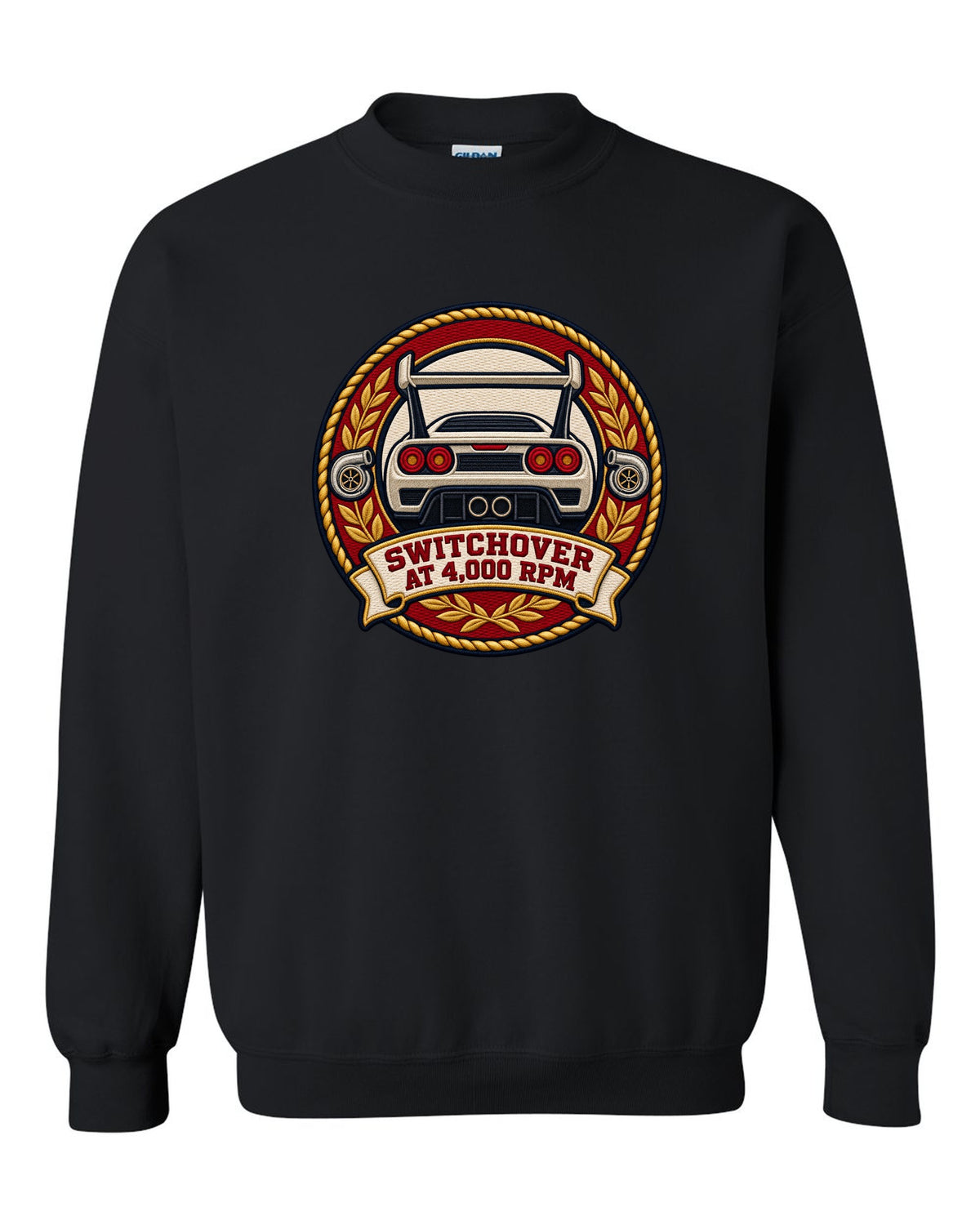 Varsity crest design for the Toyota Supra A80 JZA80 twin turbo black crewneck front view with the design
