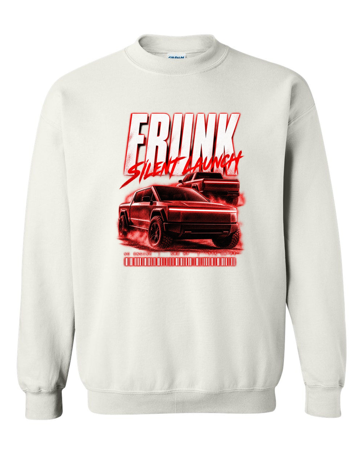 Ford F-150 Lightning EV street poster print with frunk, silent launch and 775 lb-ft white crewneck front view with the design