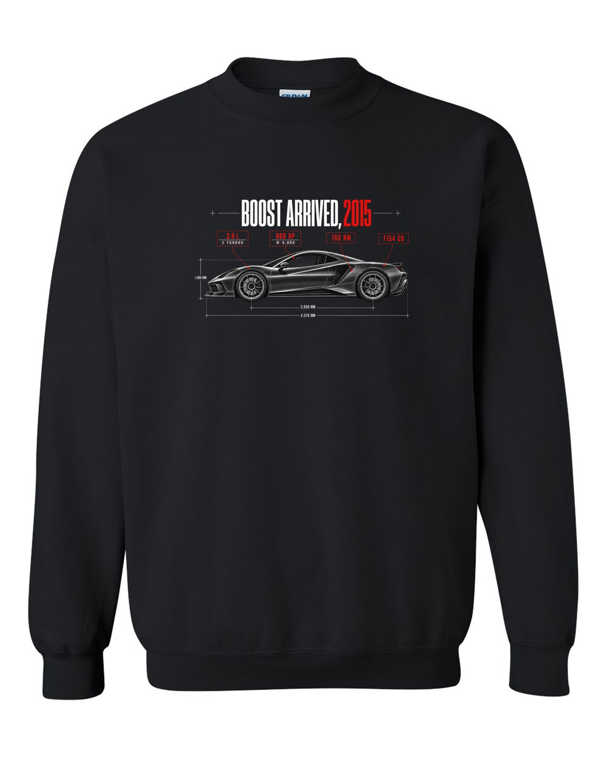 Spec poster print of a Ferrari 488 GTB F154 CB with Boost Arrived 2015, 3.9 L, 660 hp, 760 Nm black crewneck front view with the design