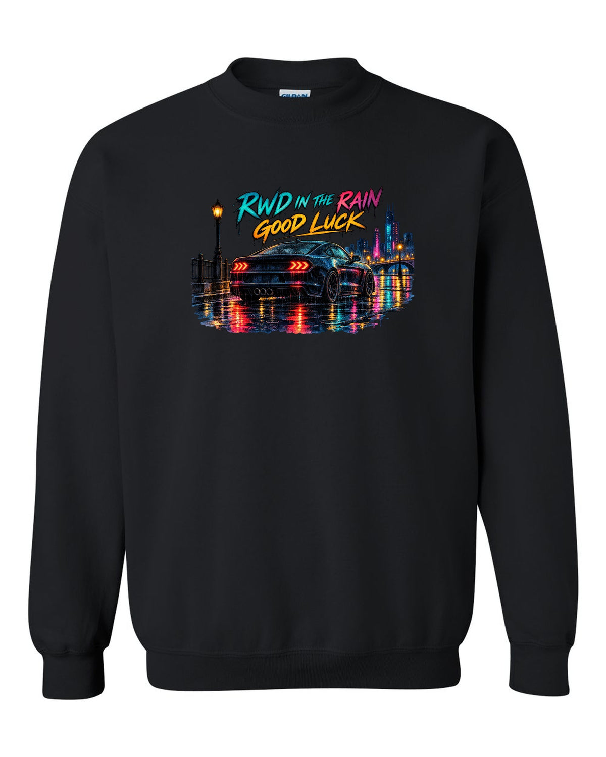 Hyundai Genesis Coupe BK2 watercolour wet road night print with RWD in the rain text black crewneck front view with the design