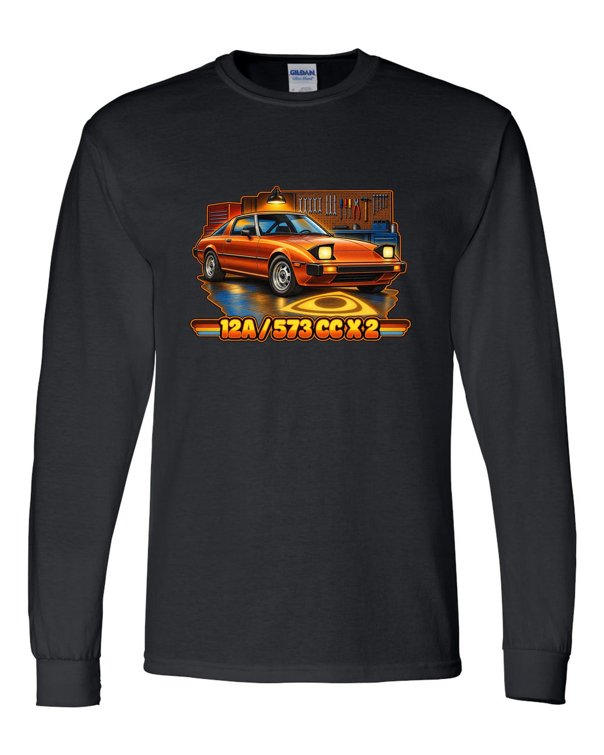 Seventies airbrush poster print of a Mazda RX-7 SA22C with the text 12A, 573 cc x 2 black long sleeve front view with the design