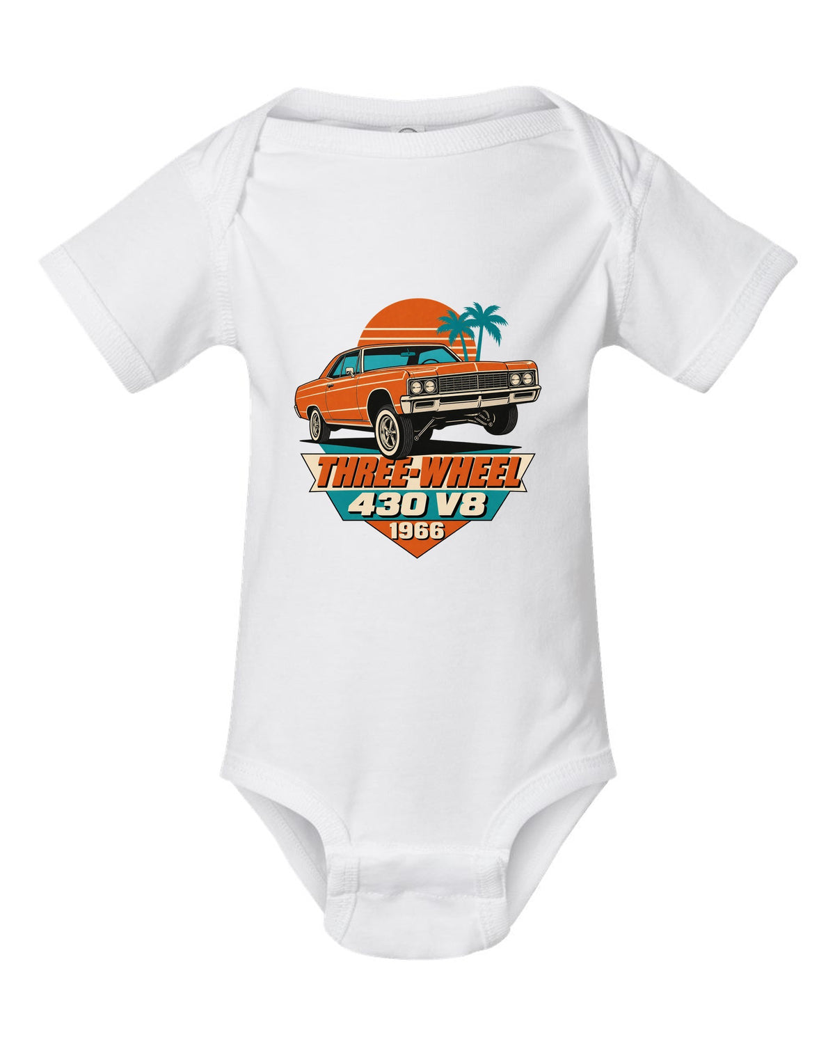1966 Lincoln Continental lowrider on hydraulics in a 1960s litho poster style white baby onesie front view with the design