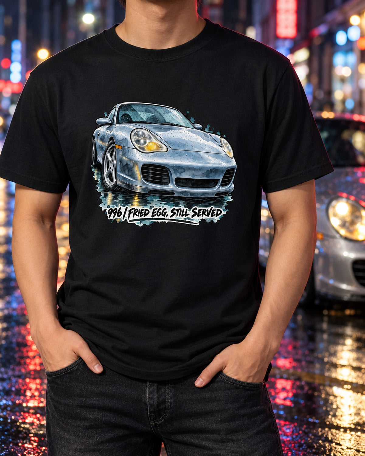 Porsche 911 996 Fried Egg Headlight Watercolor Rain Shirt T-Shirt Black worn hero